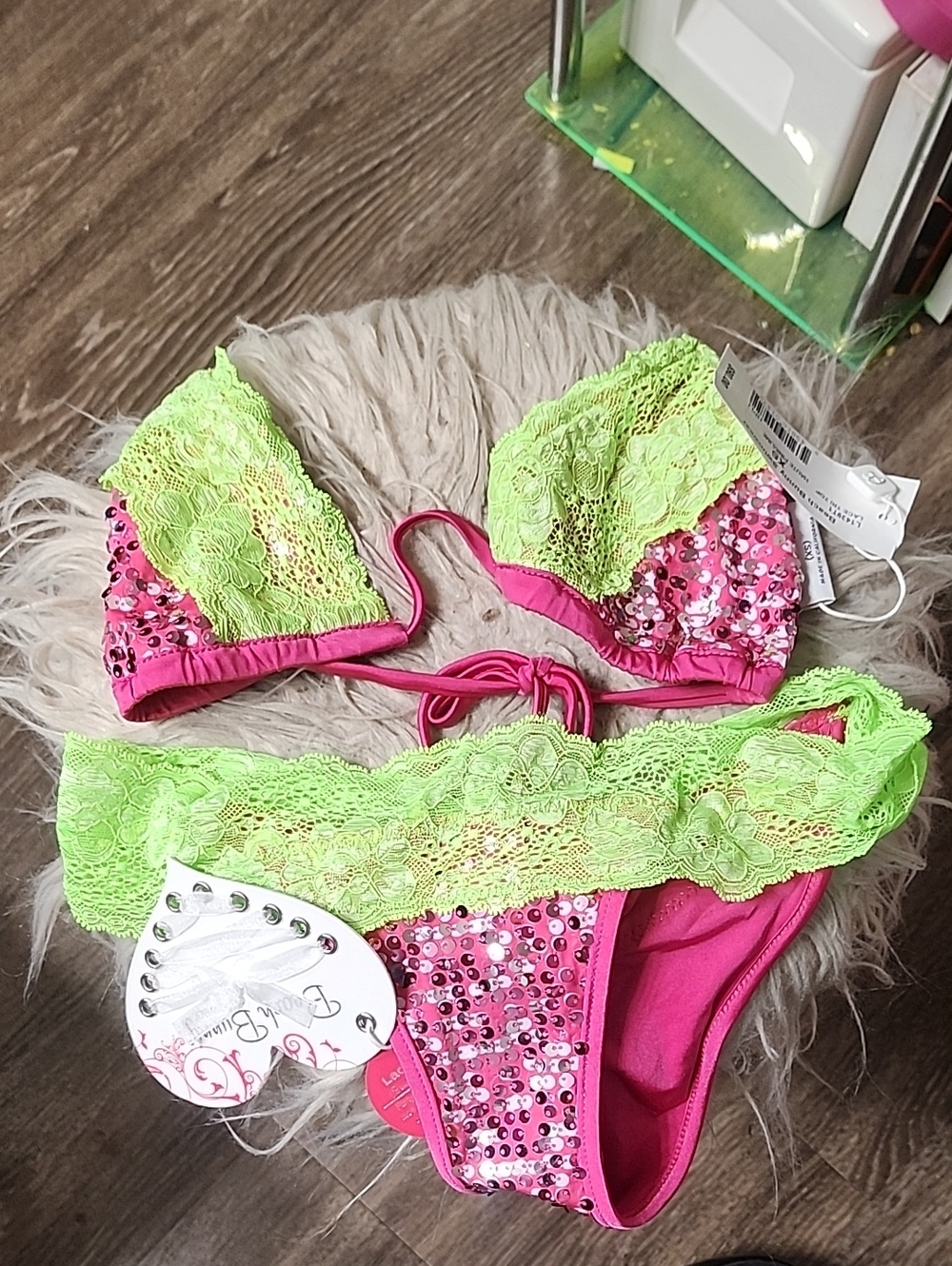 Beach Bunny Hot Pink and Neon Green Lace Bikini Top